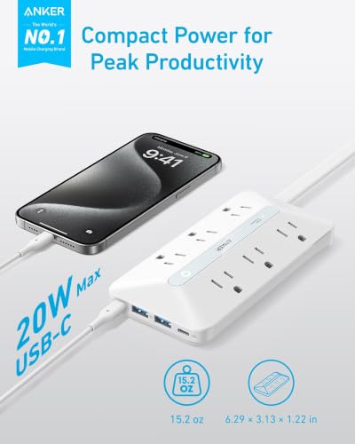 Anker Power Strip with 300J Surge Protector, 5ft Outlet Extender, 20W, 6AC - image 2