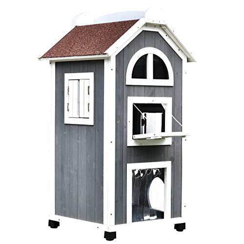 PawHut Solid Wood Cat House Condos Water Proof 2-Floor Pet Shelter Outdoor Furniture with Escape Door and Inside Stairs, Grey and White, 43  H