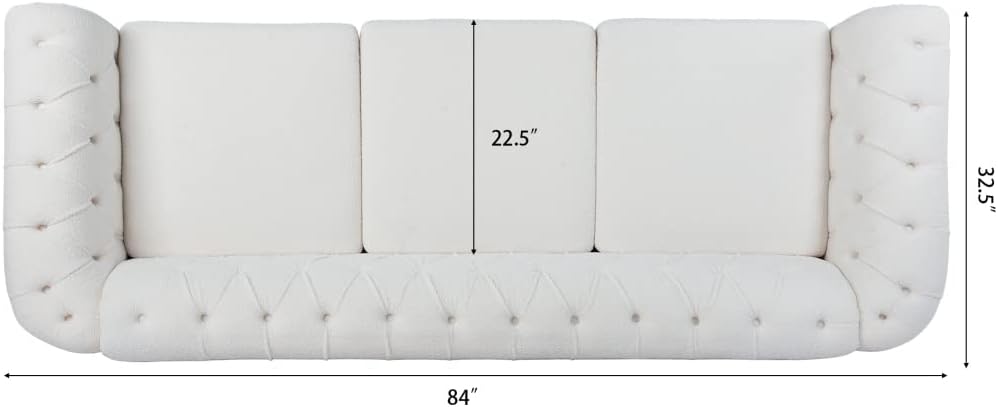84 "Modern Teddy Fabric Chesterfield 3 Seater Couch,with Rolled Arm Classic Upholstered Low Back Armchair,White