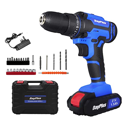 21V Akku-Bohrschrauber mit 1500mAh Akku Max. Drehmoment 45 N.m, 10mm Bohrfutter, 2 variable Geschwindigkeiten, 25+1 Drehmomenteinstellung, LED Licht, mit 26Stück Zubehör und Koffer Cover