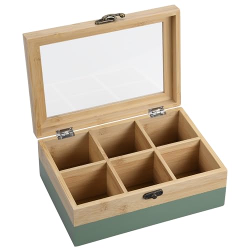 Kesper® | Tee-Box, Material: FSC®-zertifizierter-Bambus – 6 Fächer – mit Sichtfenster & Retro-Verschluss – Teebox zur Aufbewahrung, Maße: 21,5x15x8,5 cm – ohne Tee, Farbe:...