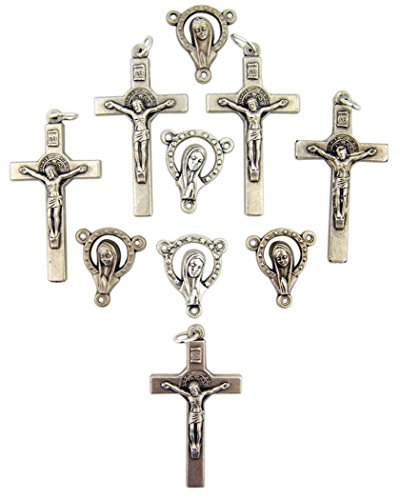 Religious Gifts Silver Tone Saint Benedict Crucifix with St Mary Medal Rosary Centerpiece, Lot of 10, 1 1/2 Inch