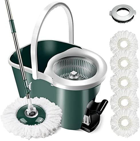 MASTERTOP Spin Mop and Bucket with Wringer Set, Mop Bucket Cleaning System with Foot Pedal, 360°Rotation, 5 Microfiber Mop Pads, 1 Brush Head, Hardwood Floor