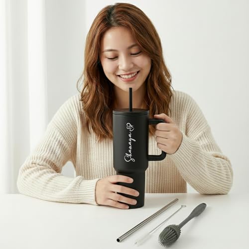 Image of Personalised 1200ml Insulated Stainless Steel Tumbler with Handle and Straw Lid - Large Travel Mug for Coffee & Water, Double Wall Vacuum Cup, Car Cupholder Friendly (Black)