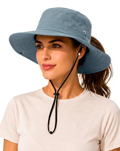 Women’s Sun Hat with Hidden Ponytail Opening, Wide Brim UPF 50+ Waterproof Nylon Bucket Rain Hat with Removable Chin Strap for Outdoor Blue Gray