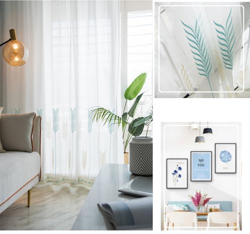 Voilage lot de 2 en gaze blanche brodée blé 200x210 cm avec oeillets pour chambre