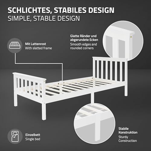 ML-Design Cama Infantil 90x200 cm con Somier Estructura con Listones y Cabecero Pies Robustos de Madera de Pino Macizo Color Blanco Nido Individual y Mobiliario para Niños y Adolescentes - imagen 4