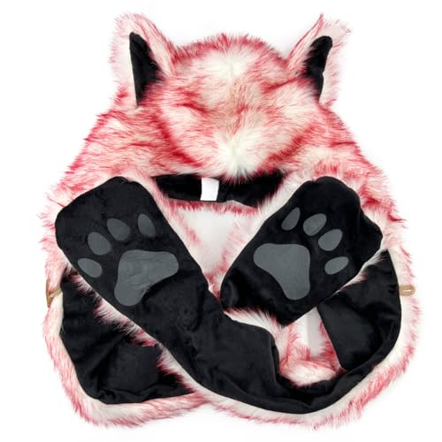 FHQHTH Faux Fur Animal Hood 3 in 1 Scarf Gloves Hat with Paws and Ears for Women Furry Wolf Cosplay Costume