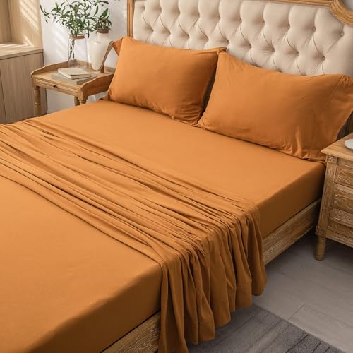 PURE ERA Jersey Knit 3pcs Bed Sheet Set 100% T-Shirt Heather Cotton Super Soft Comfy Breathable Fits Mattress Up to 20" Extra Deep Pocket (Solid Burnt Orange, Twin XL)