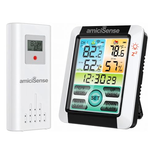 Image of amiciSense Digital Weather Station, Outdoor /Indoor Temperature and Humidity Monitoring Device with Touch Screen and Clock Function