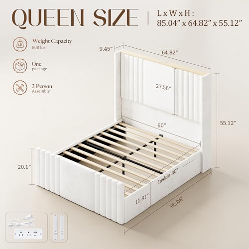Image of Queen Bed Frame with 55.1 inch Tall Headboard, Velvet Upholstered Platform Bed with Channel Tufted Wingback, 2 Reading Lights /Storage Shelf /Charging Station /Easy Assembly /Noise-Free, Cream