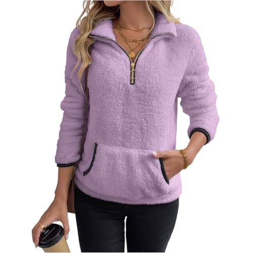 Purple Fleece Zip Up Women Oversized Quarter Half Zip Pullover Sweatshirts