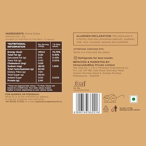Image of Open Secret Kimia Dates | 800gm | Healthy Snacks, Khajoor, Khajur, Dry Fruits, Dates with No Added Sugar Healthy Food & Nutritious (400gm x 2) (Pack of 3)