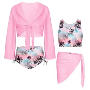 GRACE KARIN Girls 4 Piece Bathing Suit Taniki Swimsuit Tie Front Bikini Set with Kimono Cover Up 6-14