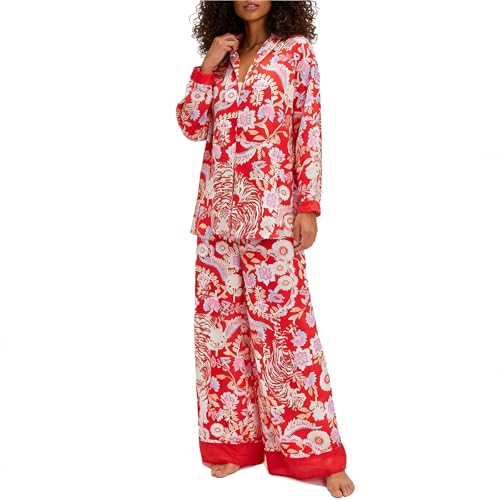 Image of Women Satin Pajama Set Floral Silk Pajamas 2 Piece Lounge Sets Button Down Shirts Wide Leg Pants Pjs Sleepwear