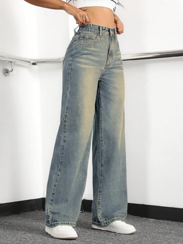 Image of Straight Leg Jeans for Women High Waisted Wide Leg Denim Pants