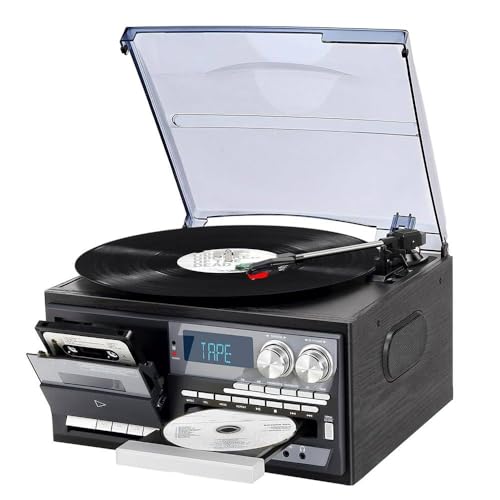 Giradischi Bluetooth con altoparlanti integrati, lettore di dischi in vinile a 3 velocità, riproduzione di CD e cassette, copertura antipolvere satinata, rumore ridotto per l'audio domestico