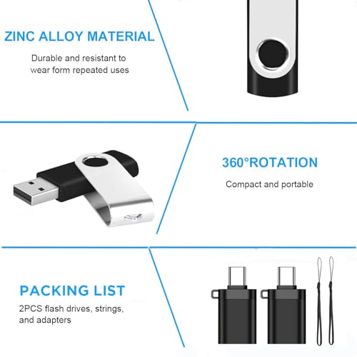 Image of 2-Pack of 32GB USB 2.0 FAT32 Flash Drive with 2 Type-C Adapters & Keychains | EASTBULL High Speed 32 GB Thumb Drives 360 Rotatable Swivel USB Drives (Black)