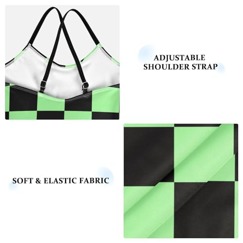 Checkerboard Girls One Piece Swimsuits Black Pale Green Sport Halter Swimwear Beach Bathing Suit 9-10T3