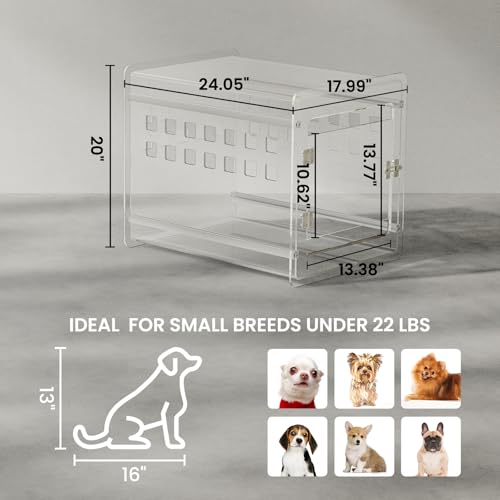 Sumerflos Clear Acrylic Dog Crate - Modern Dog Kennel Furniture, Indoor End Table Dog Crate Lockable Ventilated for Most Small Dog Cat Pet, 24.05" L x 17.99" W x 20" H by Sumerflos - Used condition - Image 2