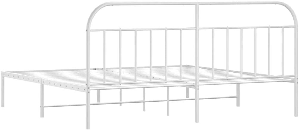 White Powder-Coated Steel Bed Frame with Headboard 76 x 80 in Platform Foundation for Bedroom, Durable Sturdy Nonslip Industrial Minimalist Furniture with Storage