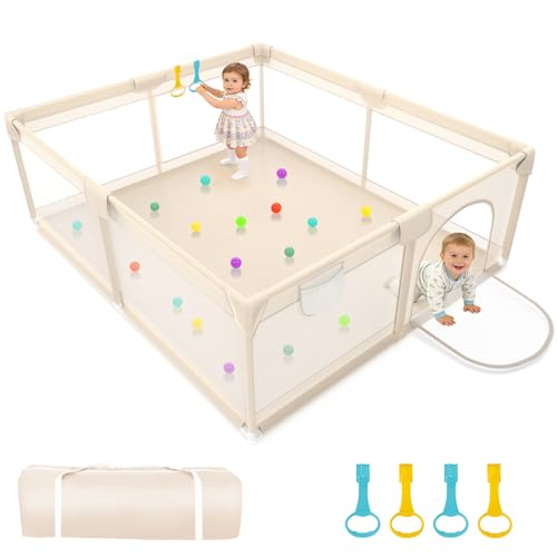 Abdtech Playpen for Babies and Toddlers 79x71inch - Extra Large Baby Gate Play Pen with Soft Breathable Mesh Cover - Indoor and Outdoor Baby Playard - Portable Playpen for Babies (Apricot)