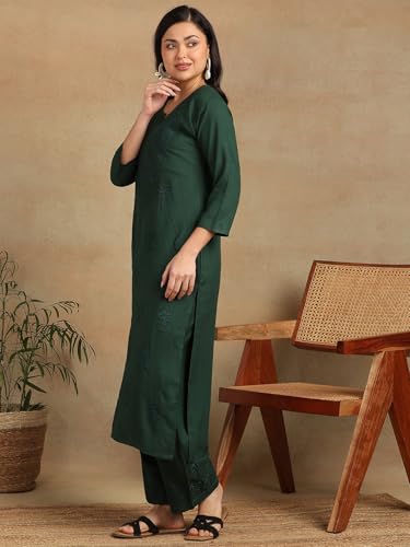 Image of Lucknowi Chikankari Floral motifs Embroidered Liva Green Straight Kurta with Palazzo For Women