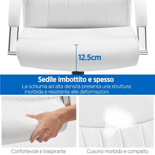 Sedia/Poltrona da Ufficio Scrivania Bianca in Finta Pelle Ergonomica Reclinabile a Rotelle Girevole Altezza Regolabile Portata 136 kg - Sedia gaming - Immagine 4