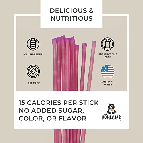 The Honey Jar Raspberry Flavored Honey Sticks - Pure Honey Straws For Tea, Coffee, or a Healthy Treat - One Teaspoon of Flavored Honey Per Stick - Made In The USA with Real Honey - (100 Count)