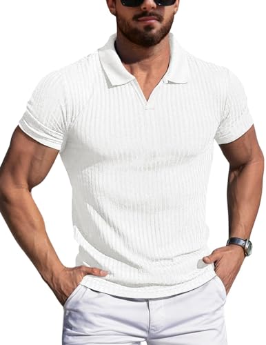 AIYINO Men’s T Shirt Muscle Fit V Neck Polo Tshirt Knitted Slim fit Polo Shirts for Men Adult White XL
