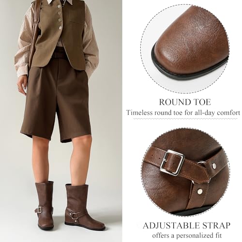 Cozivwaiy Black Ankle Boots For Women Round Toe Flats Comfortable Slip On Buckle Riding Low Heel Dress Casual Boots4