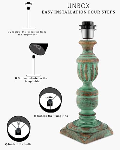 Image of Homesake Rustic Green Wooden Table Lamp for Home Decor | Bedside & Night Lamp for Bedroom, Living Room, Study Table | Vintage Light Lamp, Room Decor Light, KD Off-White Drum