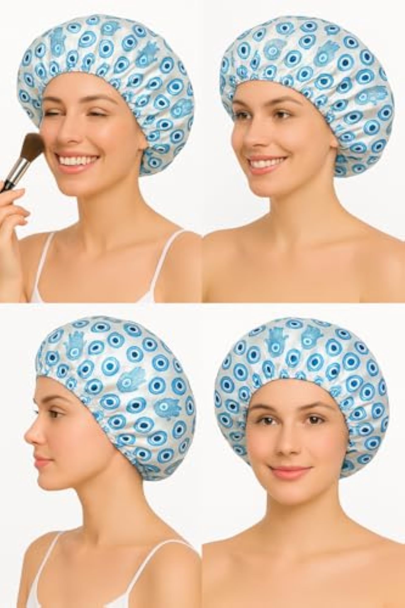 Women's Double-Layered Satin Shower Cap with Hamsa & Evil Eye Design