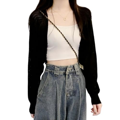 [Vmiutyer LLOP] ボレロ 長袖 レディース サマーニット シアー カーディガン ボタンなし 通気 日焼け止め 羽織り 薄手 透け感 ショート丈