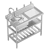 Garvee Edelstahl Spülbecken freistehend 39,3x19,7x37 Zoll – Einzelbecken mit Arbeitsfläche, ausziehbarer Warm-/Kaltwasserarmatur, Unterschale, Messerhalter, S-Haken & Ablage – für Waschküche, Garage &