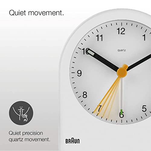 Braun Classic Analogue Alarm Clock With Snooze And Continuous Backlight, Quiet Quartz Movement, Crescendo Beep Alarm In White, Model Bc22W. #TOP1