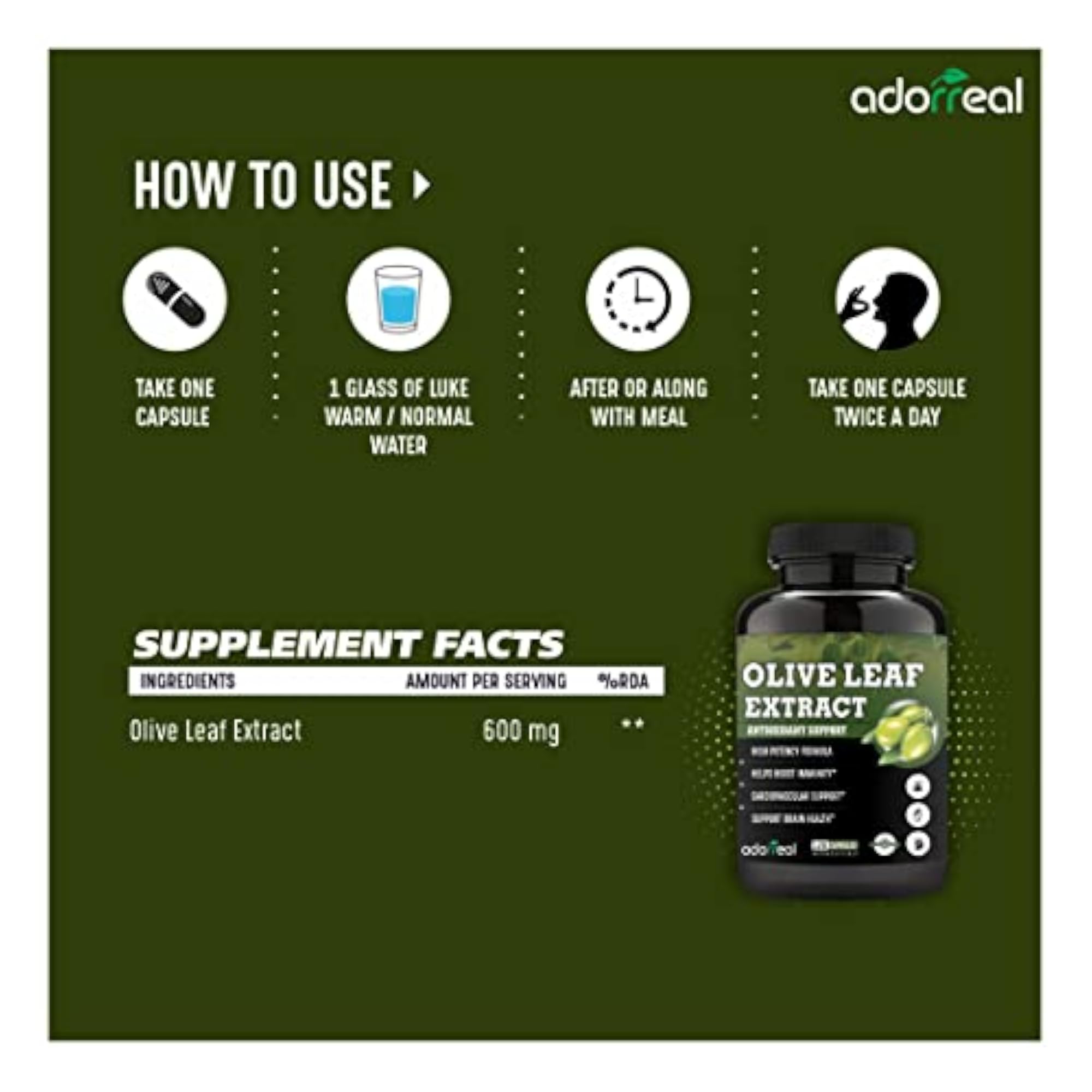 Adorreal Olive Leaf Extract Capsules, 120 Count, Heart & Immune Support
