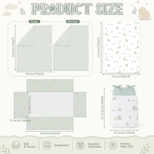 Image of Hahafelt 4 Pieces Crib Bedding Set for Girls and Boys, Soft Baby Bedding Set Including Crib Skirt, Comforter, Sheet and Diaper Stacker for Nursery(Elephant Theme)