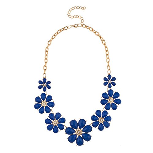 Lux Accessories Royal Blue Pave Flower Bib Statement Floral Chain Necklace