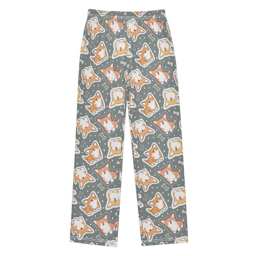 Corgi Dog Bone Print Boys Long Pants Soft Trousers Elastic Waist Kids Lounge Bottoms with Pockets S-XL