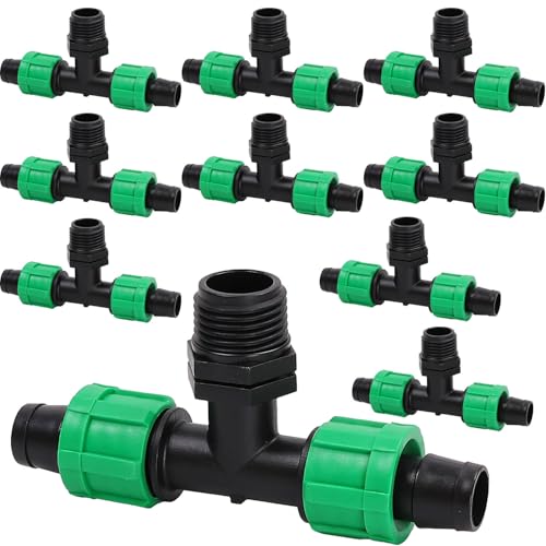 Pieza en T para manguera de goteo para riego, 16 mm, con rosca exterior, 1/2 pulgadas, 10 unidades