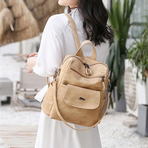 Mochila de piel sintética para mujer gran capacidad mochila casual khaki trabajo escuela viajes 3