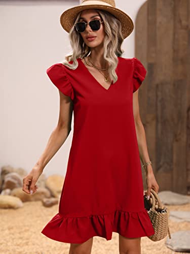 Image of SOLY HUX Summer Dresses for Women V Neck Cap Sleeve Ruffle Hem Smock Short Dress