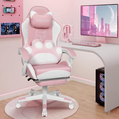 YU YUSING Bonita Silla Gaming con Pata de Gato Cojín Lumba Orejas de Gato, Silla Gamer Ergonómica Escritorio, Reposapiés Reposacabeza, Caldera de Ordenador para Adolescentes, Oficina, Rosa Blanco