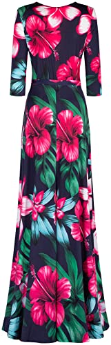 Image of Women's 3 /4 Sleeve V-Neck Printed Maxi Faux Wrap Dress Navy Fuchsia L