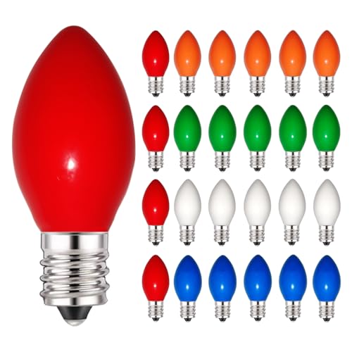 Wxuean Christmas Light Replacement Bulbs 25 Pack C7 Ceramic Multicolor Incandescent Lights Bulb, Outdoor String Light Bulbs for C7 Christmas Lights, E12 Candelabra Base, 5 Watt