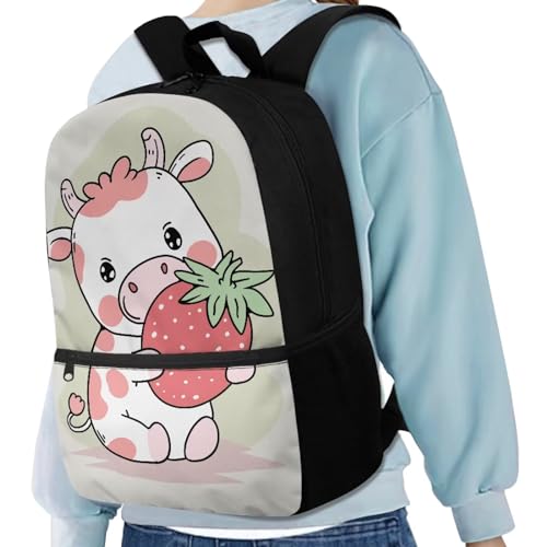 Dreaweet Strawberry Cow Backpack for School Girls 3rd Grade Cute Bookbag for Girls 10-12 Years Old Kids Book Bag Elementary School Bag with Water Bottle Holder,Kawaii4