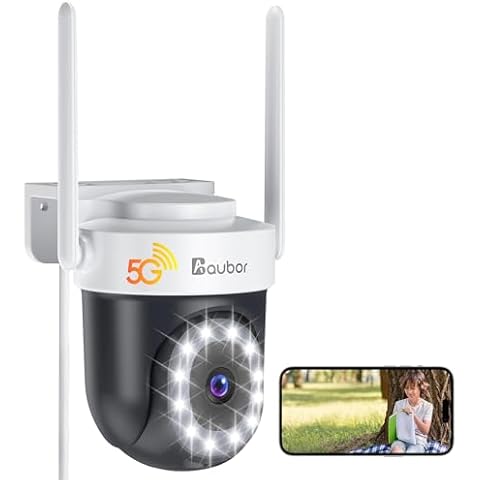 AUBOR 5G WiFi Security Cameras Outdoor, 5MP Cameras for Home Security, Motion Detection and Siren, 3K Color Night Vision, 2 Way Talk, 360° View, Work with Google/Alexa-White Black Cover