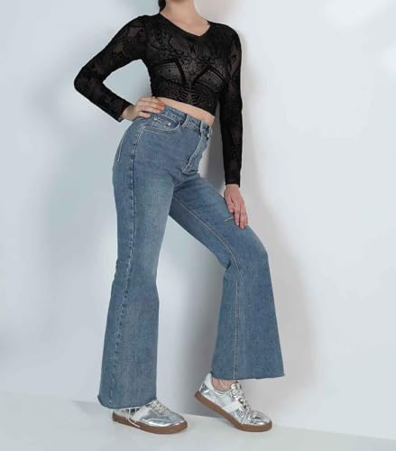 Image of ICW Women Long-Sleeves Round Neck Net Printed Transparent Mesh Sheer Crop Top T-Shirt DN38(Mix Print)