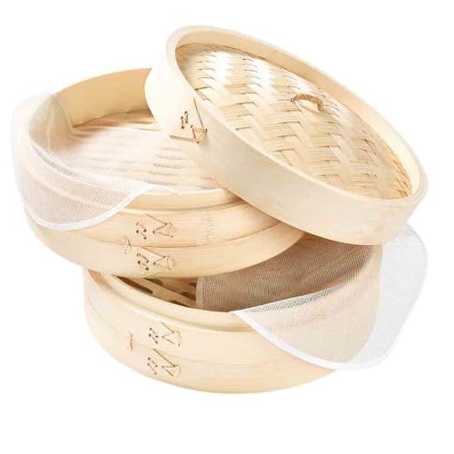 CABLEPELADO Cesta de Vapor de Bambú para Cocinar Asiático, Steamer de bambú, Canasta de bambú para vapor, Vaporera de bambú, Dim sum basket, Diámetro 15 cm, Altura 13.5 cm, 2 pisos, 325 gramos
